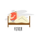 Man lying in bed with fever. Vector cartoon illustration. Royalty Free Stock Photo