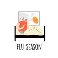 Man lying in bed with fever. Vector cartoon illustration. Flu season. Royalty Free Stock Photo