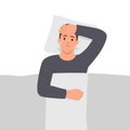 Man lying in bed with flu symptoms. Sweating during sleep.Illustration of the symptoms of profuse night sweats. Cold symptoms