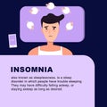 Man lying in bed late at night trying to sleep suffering insomnia sleeping disorder or scared on nightmares looking sad