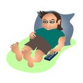 Man is lying on the couch with a remote control. Cartoon funny character . sits bored long at home alone fatigue after