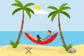 A man is lying in a hammock on the beach. A man with a laptop is in a hammock and does work against the backdrop of the sea and pa