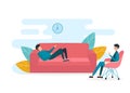 Man lying on sofa, telling about his mental problem on visit to psychologist. Vector illustration in flat style