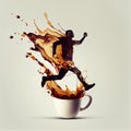 Man made from coffee splashes is jumping from a cup, time pressure, caffeine energy, being in a hurry for work, generative AI