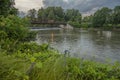 Man-made Waterfall on Mohawk River at Bellamy Harbor Park, Rome, New York (wide Royalty Free Stock Photo