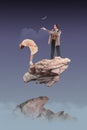 Man, magician hypnotizing woman standing on levitating rock under new moon. Contemporary art collage. Illusionist Royalty Free Stock Photo