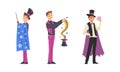 Man Magician with Top Hat Performing Different Magic Tricks on Stage with Cards and Wand Vector Set