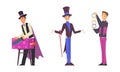 Man Magician with Top Hat Performing Different Magic Tricks on Stage with Saw and Rings Vector Set