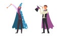 Man Magician with Top Hat Performing Different Magic Tricks on Stage with Wand Vector Set