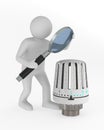 Man with magnifier and heater thermostat on white background. Isolated 3D illustration