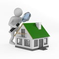 Man with magnifier and house on white background. Isolated 3D illustration Royalty Free Stock Photo