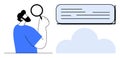 Man with Magnifying Glass Analyzing Text in a Bubble Over a Cloud Royalty Free Stock Photo