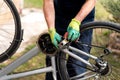 Man maintaining his bicycle for the new season Royalty Free Stock Photo