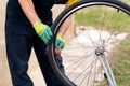 Man maintaining his bicycle for the new season Royalty Free Stock Photo