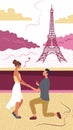 Man makes marriage proposal to girlfriend kneeling in Paris on a background of the Eiffel Tower. Flat style. Vector Royalty Free Stock Photo