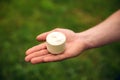 Man makes a marrige proposal to a girl. Gives her a ring for the engagement. Close-up hands Royalty Free Stock Photo