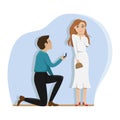 A man makes an offer to marry a girl on one knee. Love, wedding, engagement. Flat vector illustration