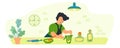 Man making pie, ingredients, utensils, cooking, dishes, kitchen, vector illustration