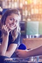 A man makes a proposal to marry the waitress at the bar Royalty Free Stock Photo