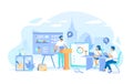 Man makes a report in front of a team. Business data reporting, consulting, analytics, credit report, accounting. Working process,