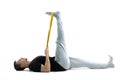 A man makes strengthening exercises for the body with special sports equipment. Self massage increases the body`s tone