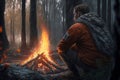 Man making campfire in forest. Generative AI