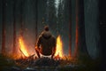 Man making campfire in forest. Generative AI
