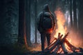 Man making campfire in forest. Generative AI