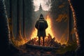 Man making campfire in forest. Generative AI