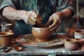 Man making ceramic pot on the pottery wheel. Generative AI