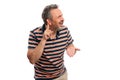 Man making confused expression listening gesture with copyspace