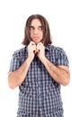 Man making funny faces holding his long hair Royalty Free Stock Photo