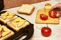 a man making sandwiches in a sandwich maker cuts tomatoes on a cutting board Royalty Free Stock Photo