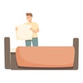Man making sleeping bed icon cartoon vector. Housekeeping daily routine.