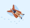 Man making snow angel print in snowdrift on winter holiday. Happy guy in coat, lying with snowy wings. Fun and joy in