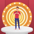 Man male singer star singing pop song with microphone standing on circle modern stage with lamps vector illustration. Royalty Free Stock Photo