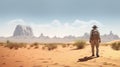 journey man travel walking adventure arid landscape trek hike desert backpack. Generative AI. Royalty Free Stock Photo
