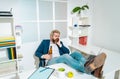 Man manager businessman worked successfully and at the end of the day, drinks beer. Depressed upset man drinker addicted Royalty Free Stock Photo