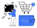 Man managing digital wallet, coins, shopping cart with 3 items, and electronic wallet with circuit lines