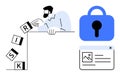 Man Managing Risk and Security with Blocks and Secure Padlock