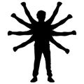 Man with many hands. Handyman silhouette vector