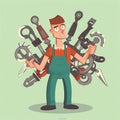 Man with many hands with tools, excellent craftsman, jack of all trades, good specialist, funny cartoon