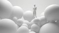 A man among many white balloons. Abstract composition with random spheres. Balls in different sizes. Generative AI. Illustration