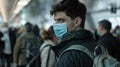 Young Man with Mask in Crowded Station, Urban Life During a Pandemic. Stay Safe and Conscientious. Modern Commuter Scene