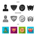Man, mask, cloak, and other web icon in black, flat, monochrome style.Costume, superman, superforce, icons in set