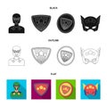 Man, mask, cloak, and other web icon in black,flat,outline style.Costume, superman, superforce, icons in set collection.