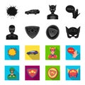 Man, mask, cloak, and other web icon in black,flet style.Costume, superman, superforce, icons in set collection.