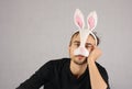 Man in the mask Easter rabbit and black underwear looking at cam Royalty Free Stock Photo