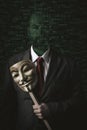 man with mask in hand and binary code background Royalty Free Stock Photo