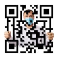 A man in a mask holds on to the bars made of QR-code, isolated on a white background, concept on the theme of digital prison Royalty Free Stock Photo
